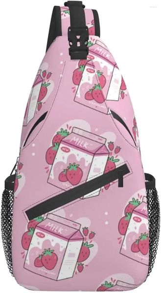 Sırt çantası sevimli kawaii çilek sütü baskılı sling seyahat yürüyüşü crossbody omuz çantası erkekler için kadınlar rahat göğüs çantaları spor