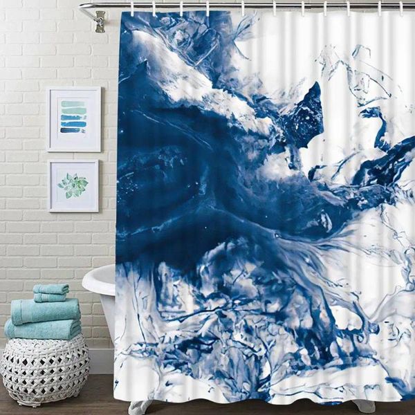 Cortinas de chuveiro abstrata mármore azul onda cortina de banheiro aquarela fluido impresso banheira de poliéster à prova d'água com 12 ganchos