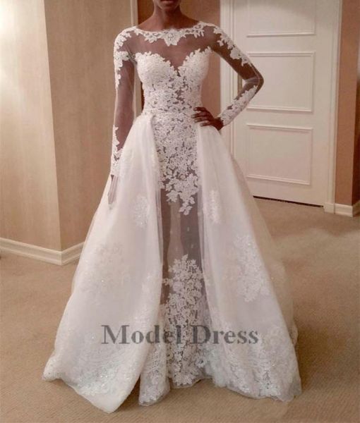 2021 Vestidos de noiva de renda de manga comprida com trem destacável Jewel Neck apliques Abiti da Sposa corpete bainha vestidos de noiva longos Cu9099152