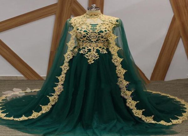 Марокканские вечерние платья Дубай Арабский мусульманский тюлевой накидка Удивительное золотое кружево с драгоценными камнями на шее, длинные вечерние платья для выпускного вечера3028660