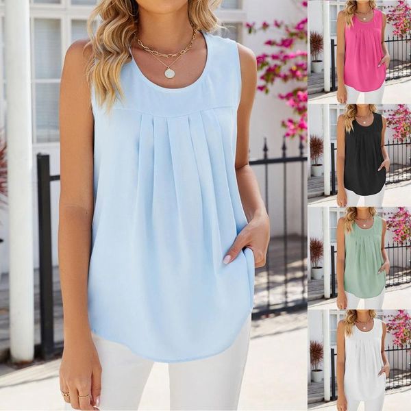 Tanques femininos mulheres casual cor sólida regata solta sem mangas plissado colete elegante senhoras camisola verão em torno do pescoço blusas fluidas camisas