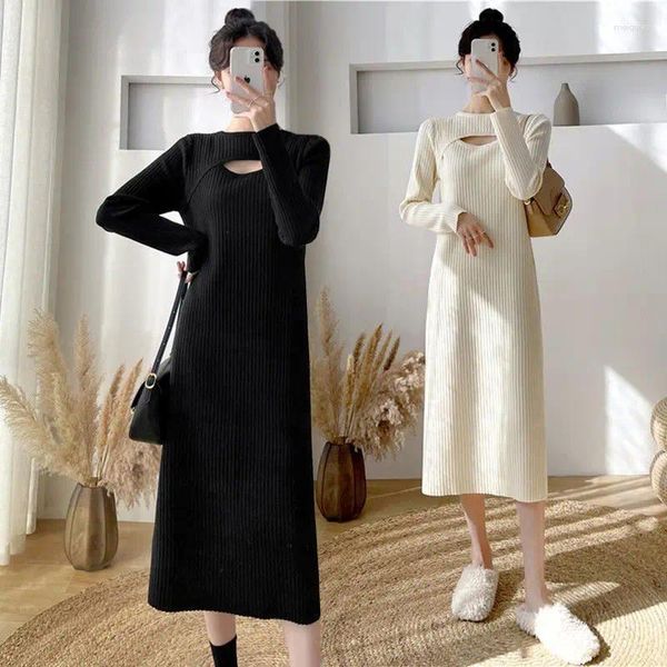 Günlük elbiseler vintage örgü uzun kollu vücut elbise kadınlar içi boş seksi giyim bornoz ince parti Koreli şık siyah beyaz
