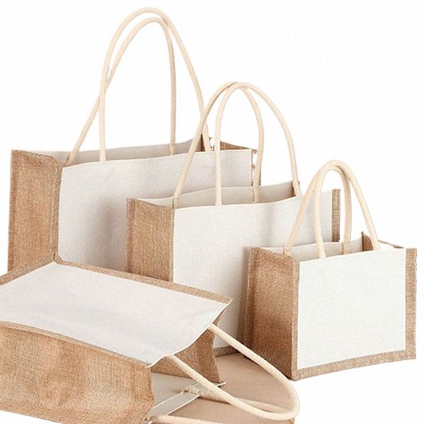 Sackleinen Jute Einkaufstasche Vintage wiederverwendbare Lebensmittelgeschäft Hochzeit Geburtstag Geschenk Tasche handgemachte Handtaschen multifunktionale Flachs Tote s3cj #