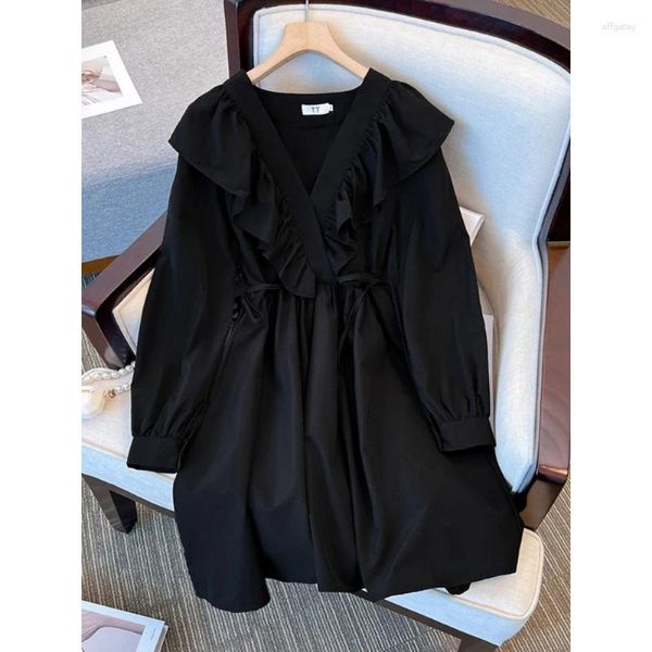 Vestidos casuais vestido feminino estilo francês elegante preto babados com decote em v manga longa a linha curta streetwear para 18-24 anos de idade