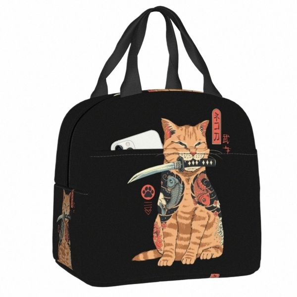 Japonês Samurai Cat Lunch Bag Mulheres Resuable Cooler Thermal Isolated Lunch Box para crianças School Food Picnic Storage Bags 92sO #