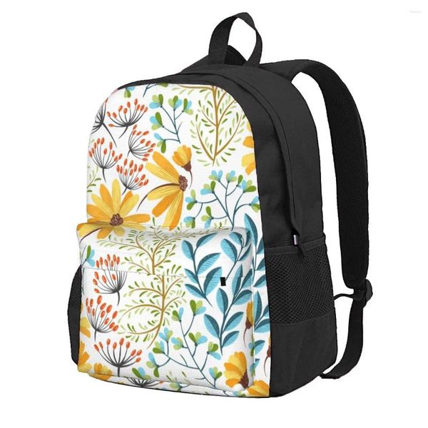 Borse portaoggetti Zaino Giallo Floreale Foglie Blu Borsa per laptop da viaggio a spalla con libro scolastico stampato casual per donna e uomo