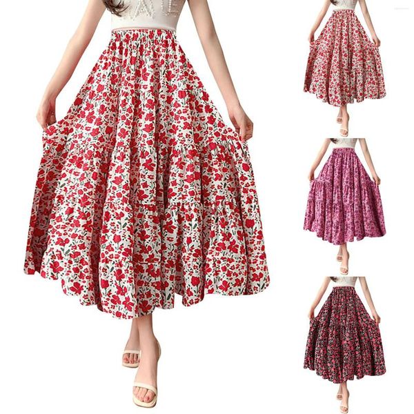 Saias verão casual uma linha saia mulheres elegante floral impressão retro cintura alta elástica plissada grande swing midi