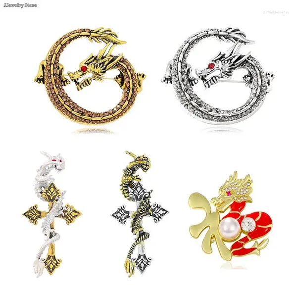 Broches 1 pc estilo chinês retro zodíaco dragão ternos masculinos crachá pino vintage moda broche roupas jóias strass