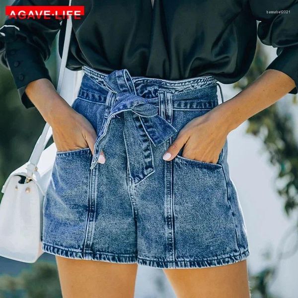 Damen Jeans Sommer Frauen Denim Shorts Sexy Lady Casual Fashion Street Jean mit Gürtel Hohe Taille Dunkelblau Gerade Kurz