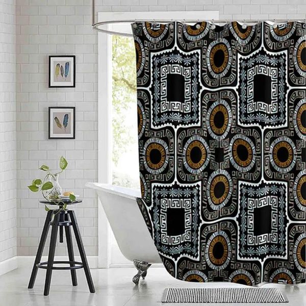 Tenda da doccia geometrica greca a forma di fiore con avvolgimento cornice quadrata moderna stampata vasca da bagno in poliestere impermeabile con ganci