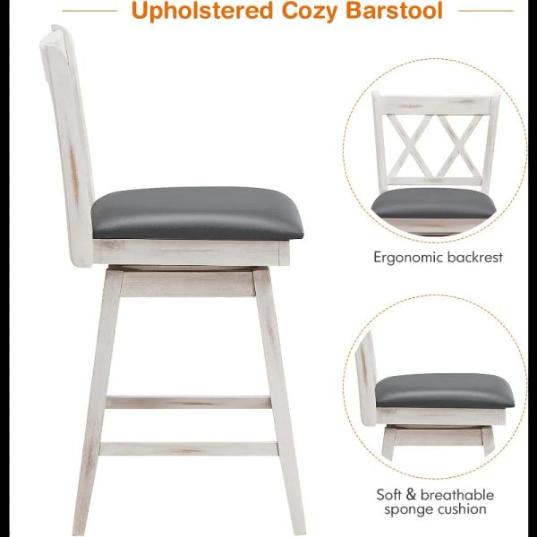 COSTWAY BAR -Stuhl -Set von 2, 360 ° Drehzähler Höhe 25 -Zoll -Stuhlhocker mit Fußruhe, Zuhause (2, antikes Weiß + Grau)