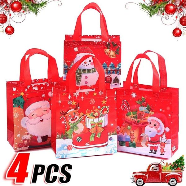 Envoltório de presente 1/4pcs Bolsa de Natal Não-tecido Embalagem Reutilizável com Alça Papai Noel Boneco de Neve Impressão Dobrável Sacola Fontes de Festa