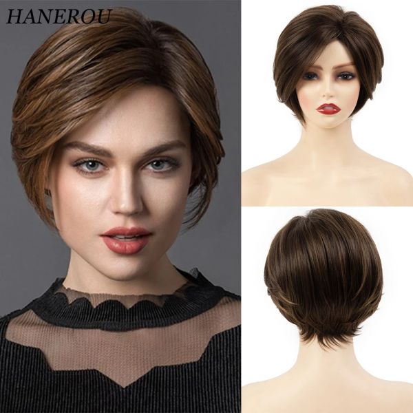 Parrucche HANEROU Parrucca corta diritta Sintetica Puffy Pixie Cut Marrone Biondo Donna Parrucca resistente al calore per capelli naturali per cosplay di feste quotidiane