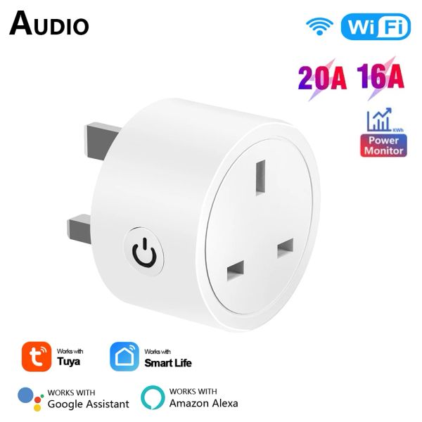 Steuern Sie Tuya WiFi 16A/20A UK Smart Plug Mini Smart Socket Fernbedienung Sprachsteuerung mit Energiemonitor Timer Smart Home Google Home Alexa