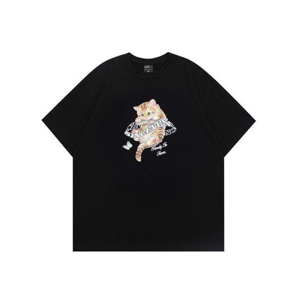 Engrossado 270g rua na moda marca assexual casal camiseta americano gato espuma impresso roupas masculinas e femininas