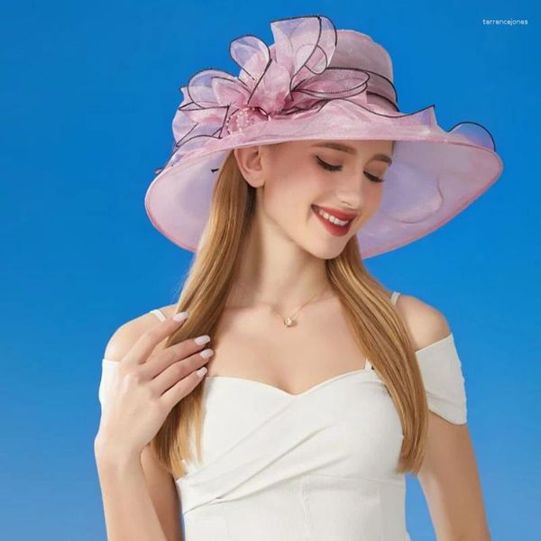 Cappelli a tesa larga Cappello elegante con fiocco Protezione solare Cappello estivo pieghevole in rete con fiore Protezione solare Lady Wedding Beach Fashion