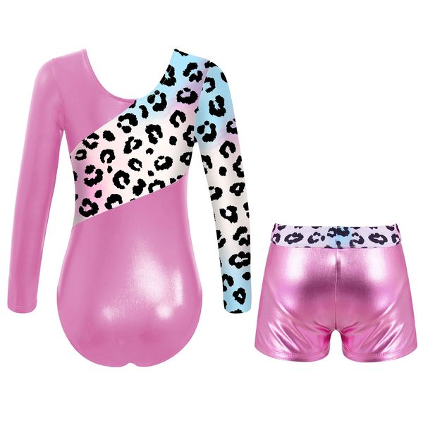 Ragazze per bambini a manica lunga stampa leopardo ginnastica body con cortometraggi salti