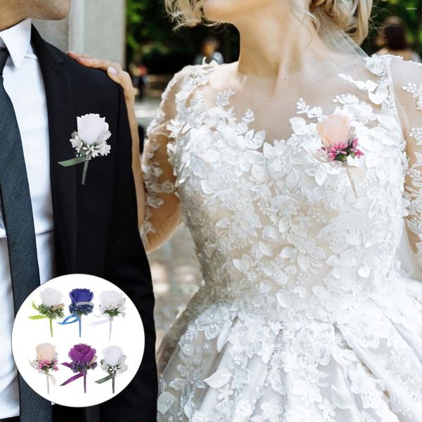 Fiori decorativi 6 pezzi bouquet da sposa corpetto rose finte bacche di strass strass panno di seta sposo