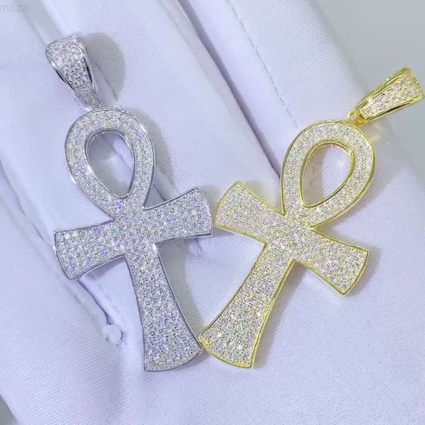 Collana in argento Vermeil 925 ghiacciato Vvs Moissanite Diamanti Ankh Ciondolo Catena da tennis Set Gioielli Hip Hop per Uomo Donna Rapper