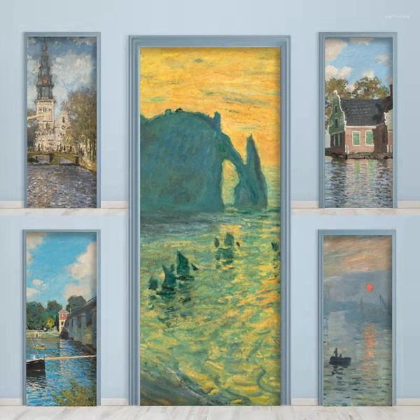 Adesivos de janela arte pintura a óleo porta adesivo auto-adesivo papel de parede sala de estar filme de vidro portas de armário decoração deslizante pvc murais