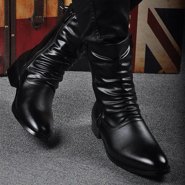 Botas IDOPY Novo Menina de outono da primavera Men apontado com renda de laço de couro falso masculino punk couro de salto alto sapatos de zíper Botas de zíper