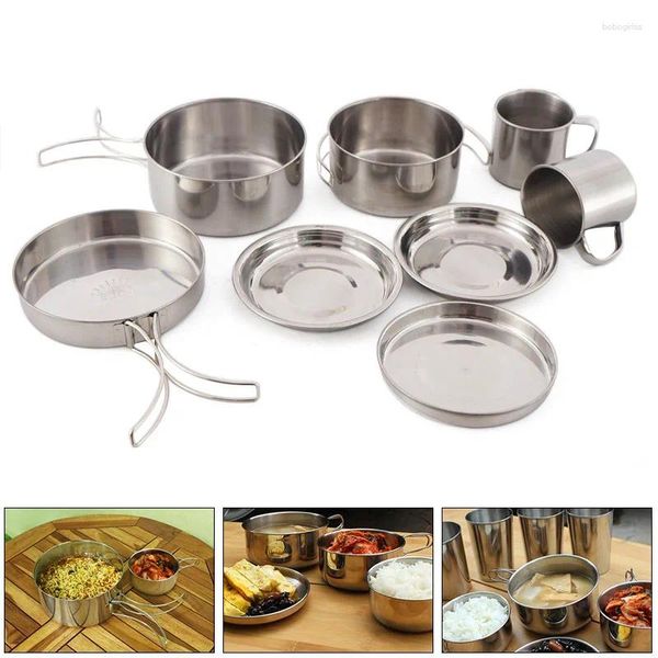 Kochgeschirr-Sets YOMDID 8PCS Edelstahl Kochtöpfe Pan Dish Wasser Tasse Für Outdoor Picknick Camping Klettern Küche Topf Set Cocina