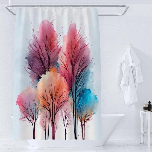 Cortinas de chuveiro aquarela arte árvores floresta cortina impressão moderna nórdica minimalista poliéster decoração de casa banheiro com ganchos