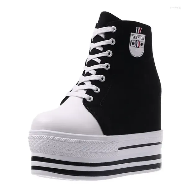 Freizeitschuhe HighTop Herbst Leinwand Vulkanisieren Plattform Sneakes Frauen Schwarze Turnschuhe Blockabsatz Weiß Mode 11 cm