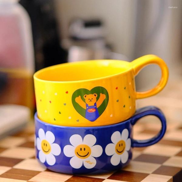 Canecas Adorável desenho animado cerâmico azul e amarelo café da manhã tigelas copos de salada de frutas de aveia de grande capacidade.