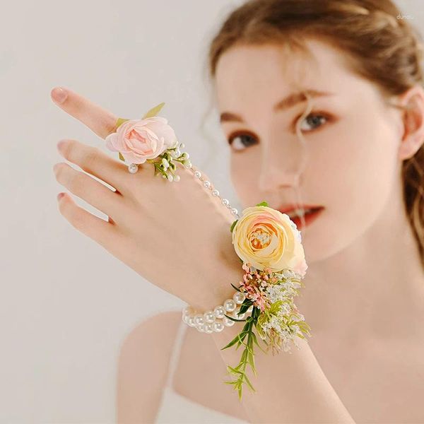 Charme pulseiras mulheres acessórios pulso corsage artesanal mão flores dama de honra pulseira artificial rosa com pérola elegante festa decoração