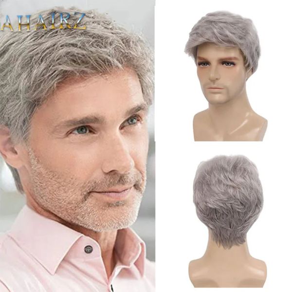 Perucas sintéticas masculinas peruca curta prata cinza peruca masculina encaracolado pixie corte loira natural peruca perm para rapazes cosplay traje de halloween