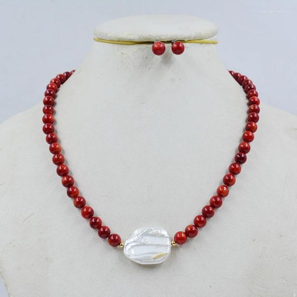 Halskette-Ohrringe-Set, 7 mm, natürliche rote Koralle/weiße Barockperlenohrringe, 45,7 cm