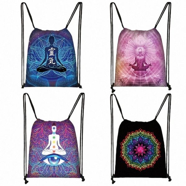 Sete chakras meditando buda impressão cordão saco feminino para sacos de armazenamento de viagem eco-friendly dobrável mochila loja sacos v06s #