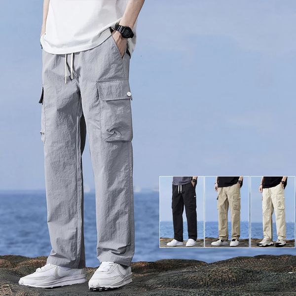 Calças masculinas de tecido lyocell macio, calças leves respiráveis soltas com cordão reto e cintura elástica, calças cargo de secagem rápida 240323