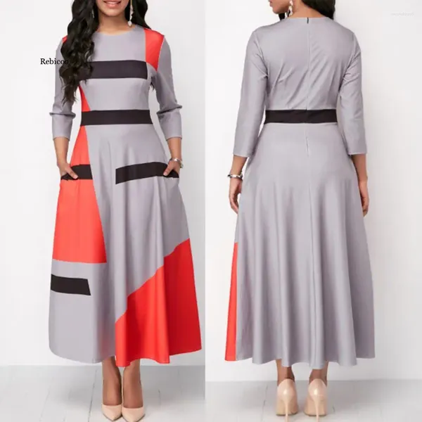 Бальные платья Модные женские цветные блоки в полоску с рукавами 3/4 и круглым вырезом Тонкое платье макси