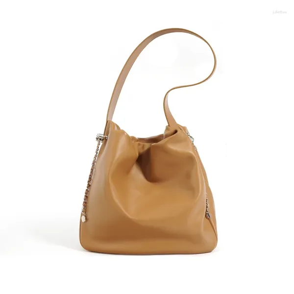 Totes mulheres bolsa de couro genuíno feminino rucked corrente cordão bolsas simples axilas sacos grandes meninas balde ombro