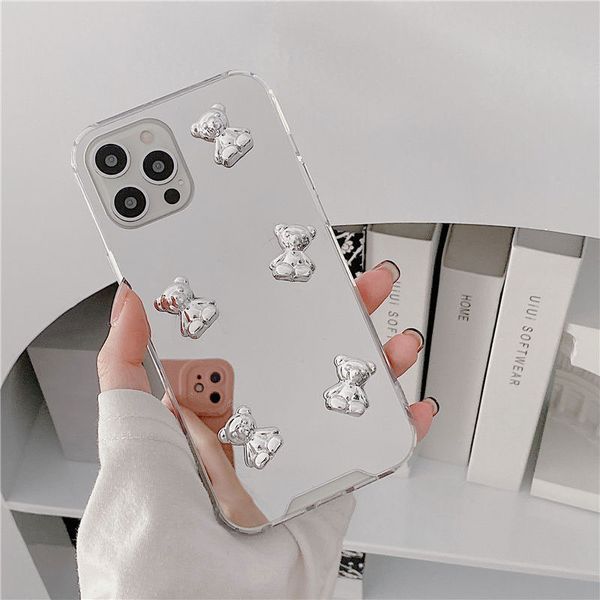 Para Vivo v21 v20 v21e v23e v23 pro y11s y12s y51 y31 y21 y52 y72 y76 y33s y20 y30 3d Silver Heart Bear espelhado capa de capa da caixa da caixa da caixa da caixa da caixa da caixa