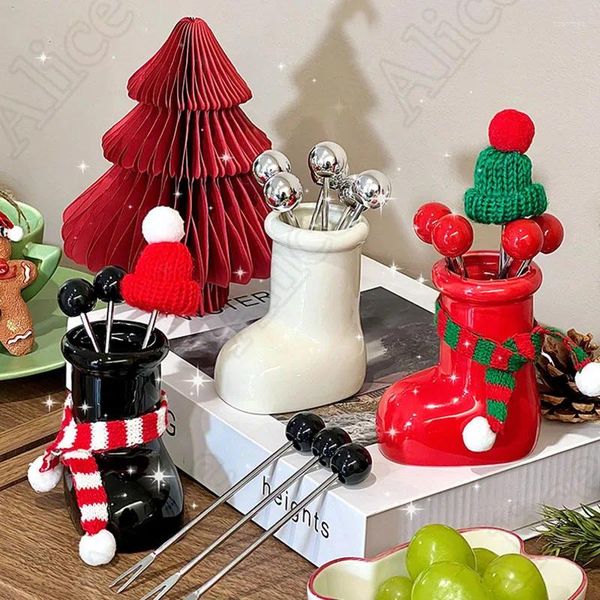 Forchette 6 pezzi Set di forchette da frutta in acciaio inossidabile Simpatici stivali di Natale in ceramica creativi per riporre frutta per la casa, stoviglie per pasticceria