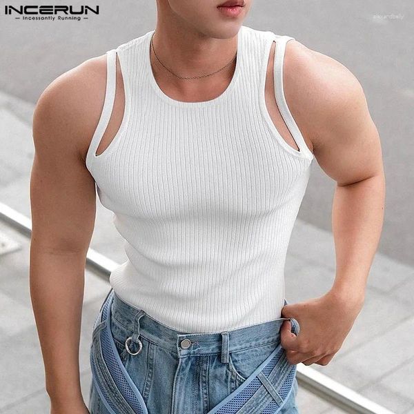 Homens Tank Tops Incerun Homens Cor Sólida O-pescoço Sem Mangas Oco Out Coletes Casuais Streetwear 2024 Fitness Moda Roupas S-5XL