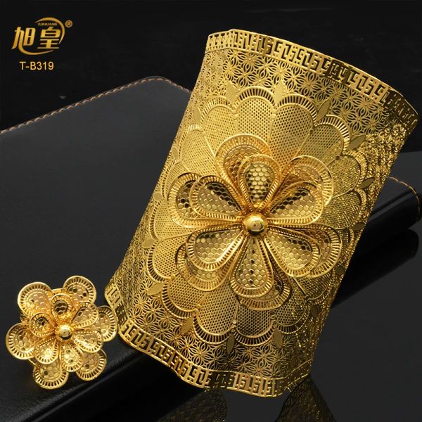 Bangles XUHUANG Indiano 24k Banhado A Ouro Flor Forma Grande Bangles Com Anel Africano Casamento Banquete Festa Pulseira Pulseiras Jóias Presentes