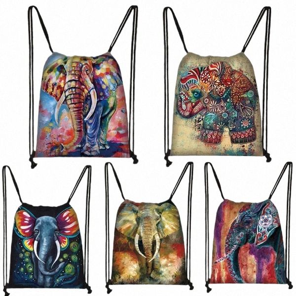 colorato pittura a olio elefante coulisse custodia multifunzionale borsa Ditty Bag per viaggi attività all'aperto ragazza zaino q8ge #