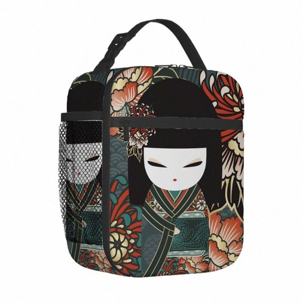 giapponese rosso Sakura Kokeshi bambola portatile foglio di alluminio ispessito pranzo al sacco isolato impermeabile pranzo al sacco Tote Bag r84d #