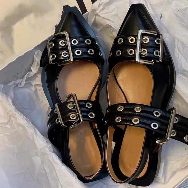 Sandalen Retro Freizeit Frauen Spitz Metall Gürtel Schnalle Slingback Wohnungen Mary Jane Flach Punk Für Frau Einzelne Schuhe