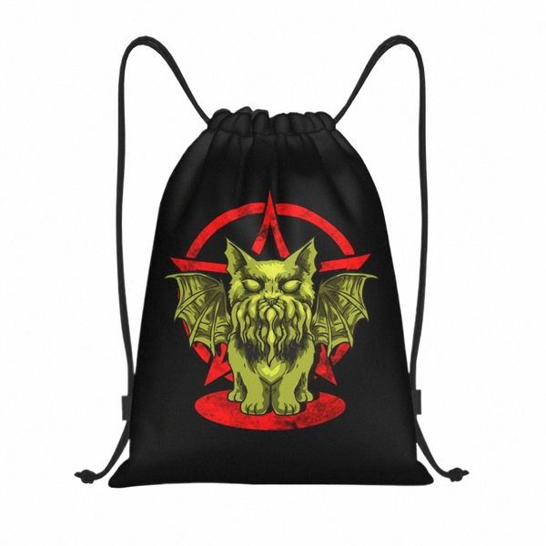 Пользовательские забавные сатанинские Cathulhu Cat Cthulhu Drawstring Bag Женщины Мужчины Легкий спортивный тренажерный зал Рюкзак для хранения M9Gj #