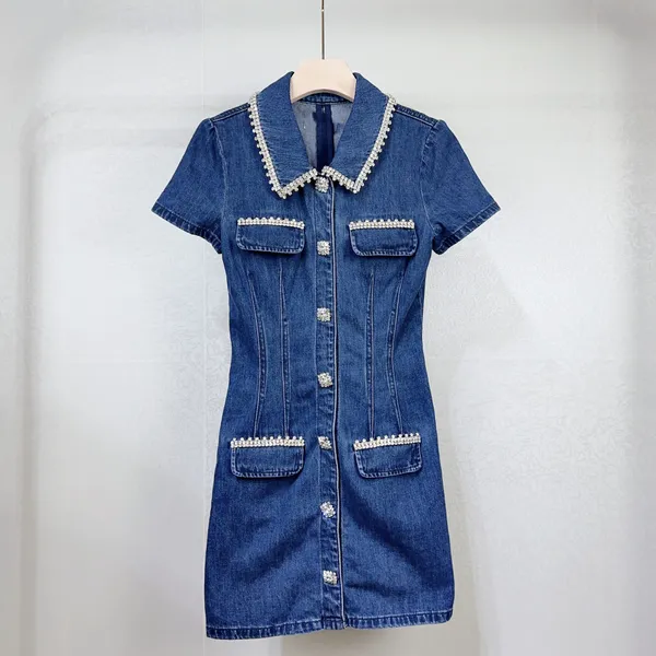 2024 primavera/verão novo auto-retrato azul lavado denim flip colar conjunto com strass requintado vestido deusa