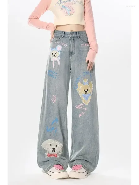 Женские джинсы, женские джинсовые брюки, милый мультяшный графический принт, джинсовые брюки с собакой, брюки Y2k с высокой талией, повседневные брюки в стиле Харадзюку, Bf Boyfriend, большие размеры