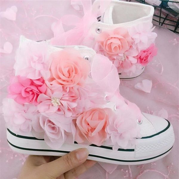 Sapatos casuais feitos à mão mulheres de alta qualidade lona aumentando sola grossa senhora meninas sudents moda rosa flores designer tênis