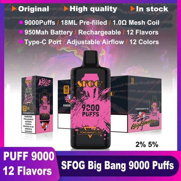 SFOG Original Puff 9k Vape e cigarro e cigarro big bang bang 9000 Puff 9000 Vaper 18ml E-líquido POD VAPES MESH Bobina de ar Ajuste Ajustável 2% 5% 12 sabores caneta de vapor