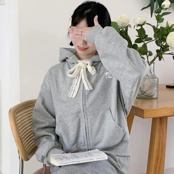 Giacche da donna stile coreano Harajuku felpa con cappuccio con coulisse in pizzo grigio cardigan ragazza primavera autunno allentato giacca con zip casual per