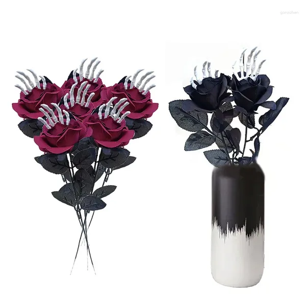 Dekorative Blumen 42 cm Länge Halloween schwarze künstliche Rosen mit Handknochen DIY Home Party Bouque Dekor Horror Terror Atmosphäre Requisiten